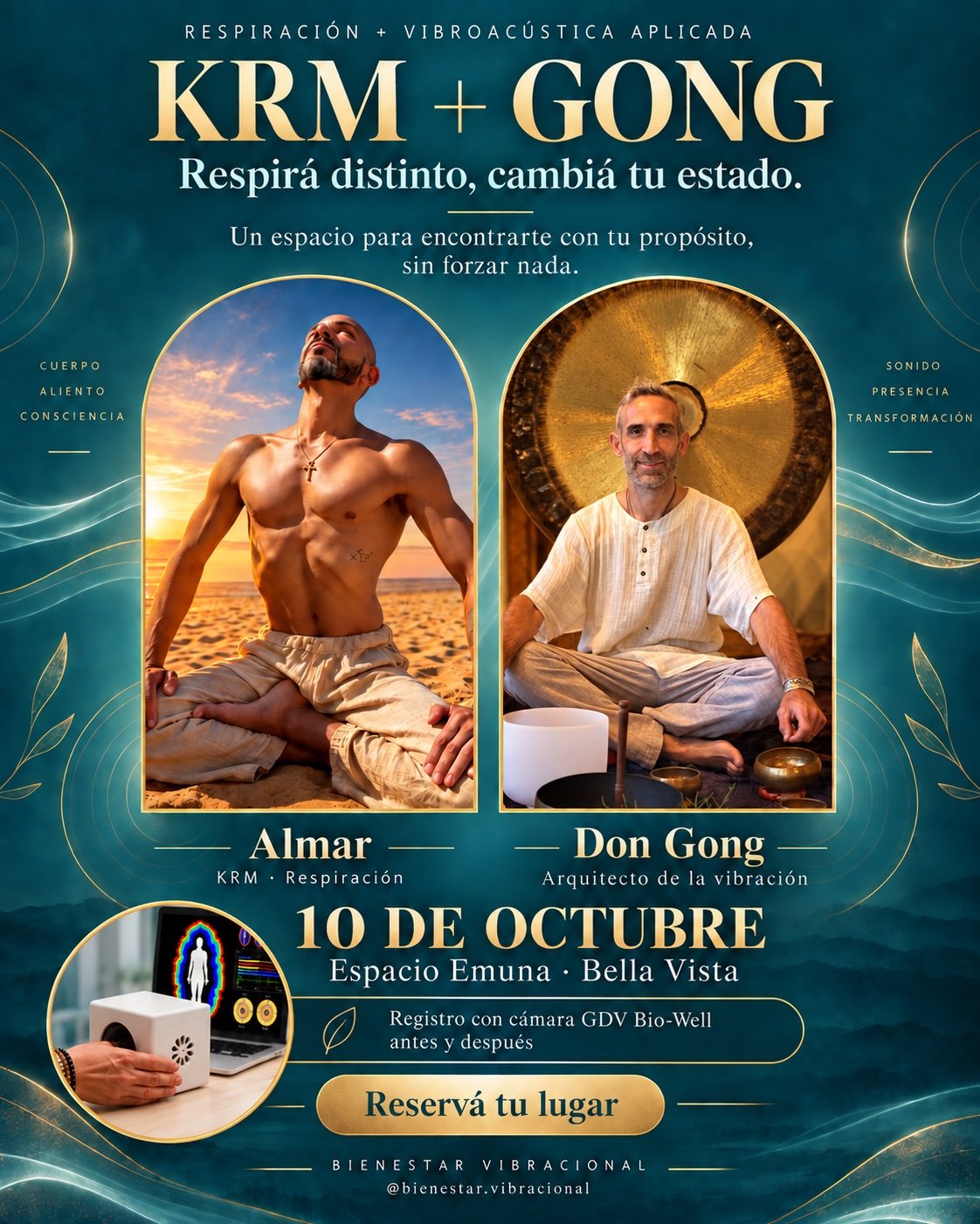 Flyer de KRM + GONG con Almar y Don Gong en Espacio Emuná, Bella Vista, el 10 de octubre de 2026